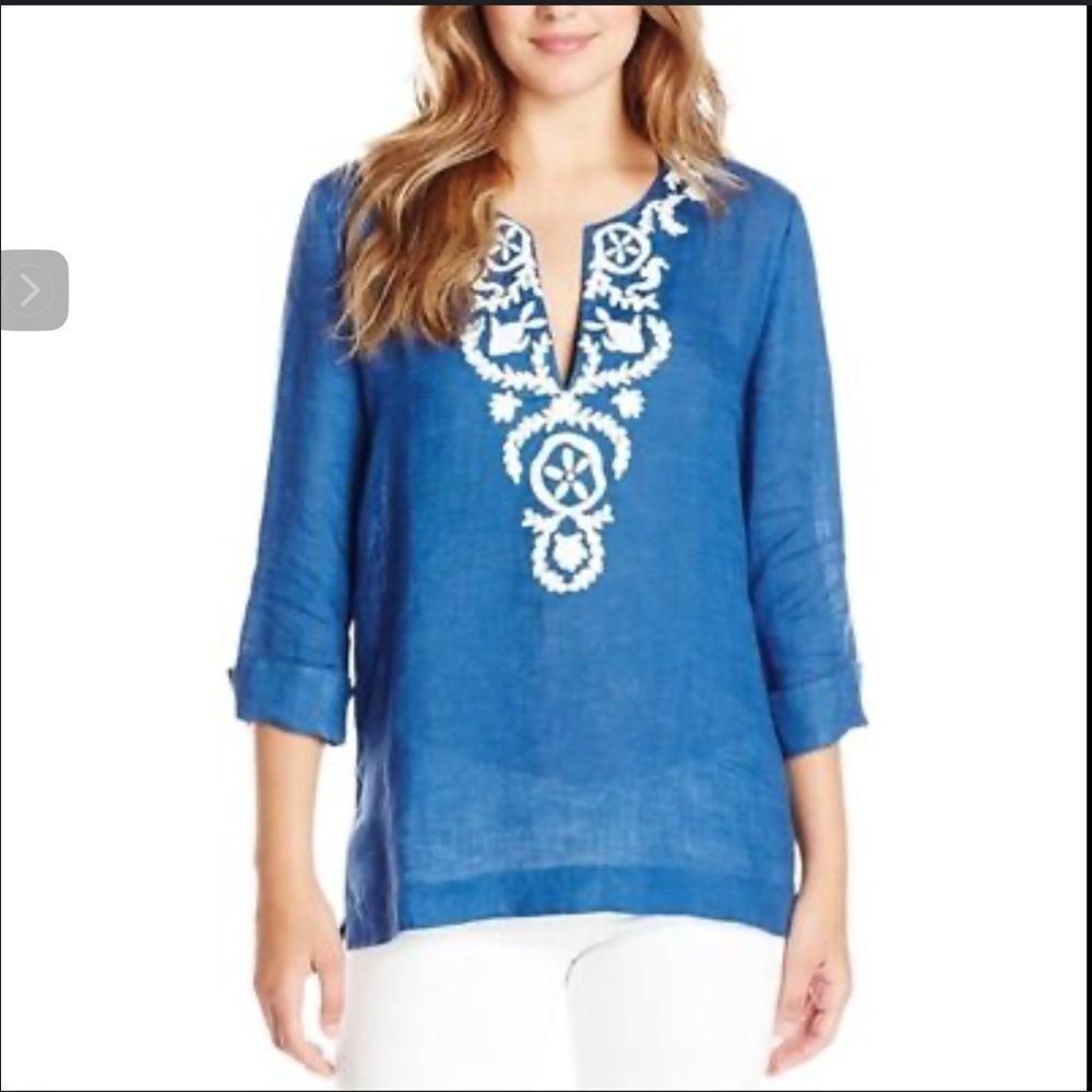 Lilly Pulitzer Ladies Amelia Island Tunic Blue White XS Casual 97700 Linen